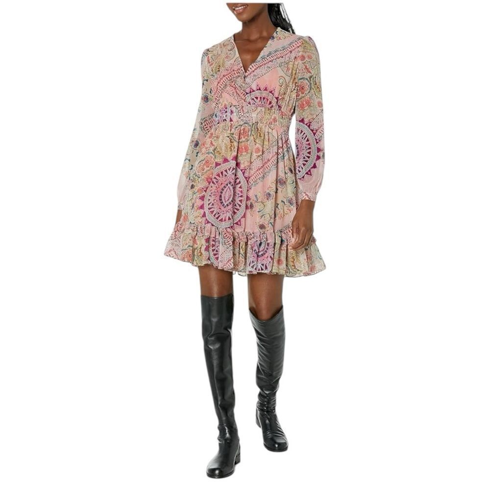 Guess Brigida Fit & Flare Pink Carousel Print Midi Dress Size L